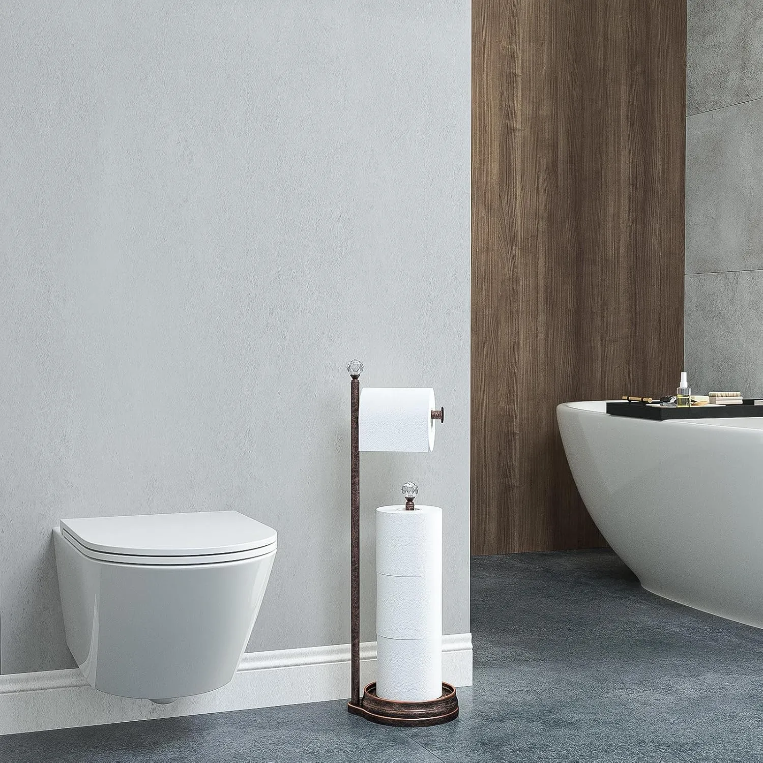 Toilet Paper Holder for Bathroom, Heavy Weighted Metal Free Standing Toilet Paper Holder Stand with Crystal Ball, Toilet Paper Roll Stand for Bathroom Accessories (Oil Rubbed Bronze)