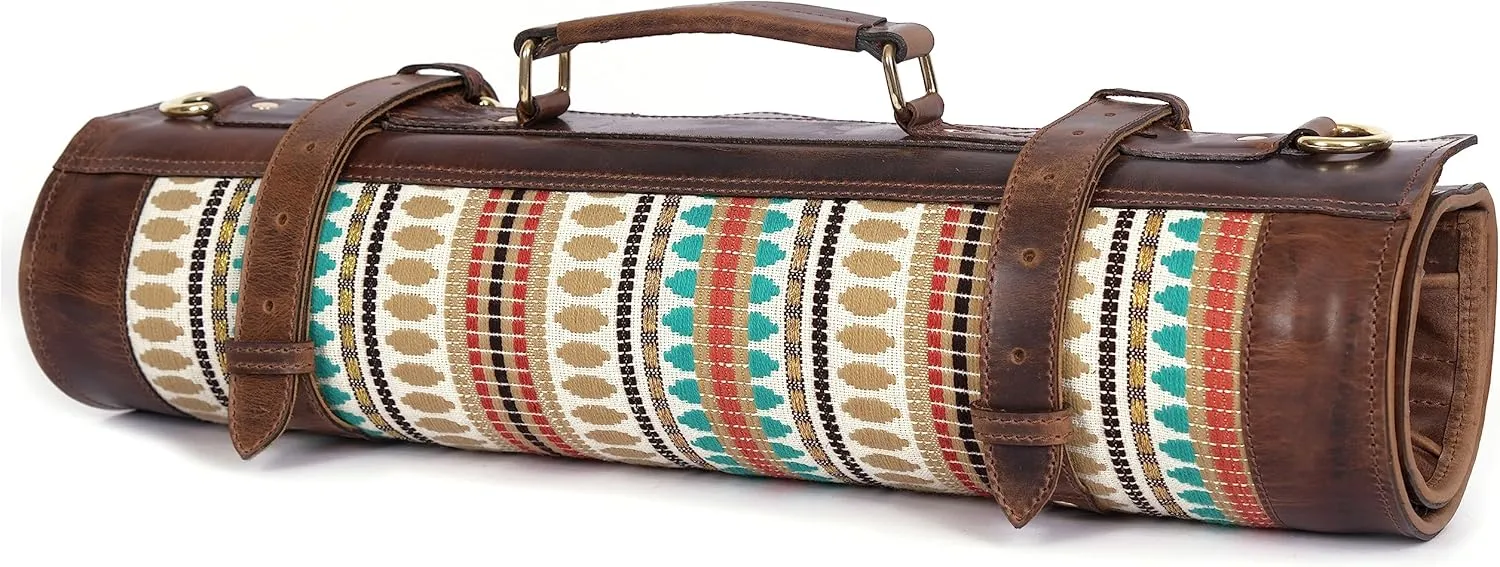 Tolredo Cow Leather & Jacquard Chef Knife Roll Case 10 Slot and 1 Zipper Pocket for Culinary Storage & Tool Pouch, Water Resistant Portable Bag with Detachable Shoulder Strap (29.5" X 20")