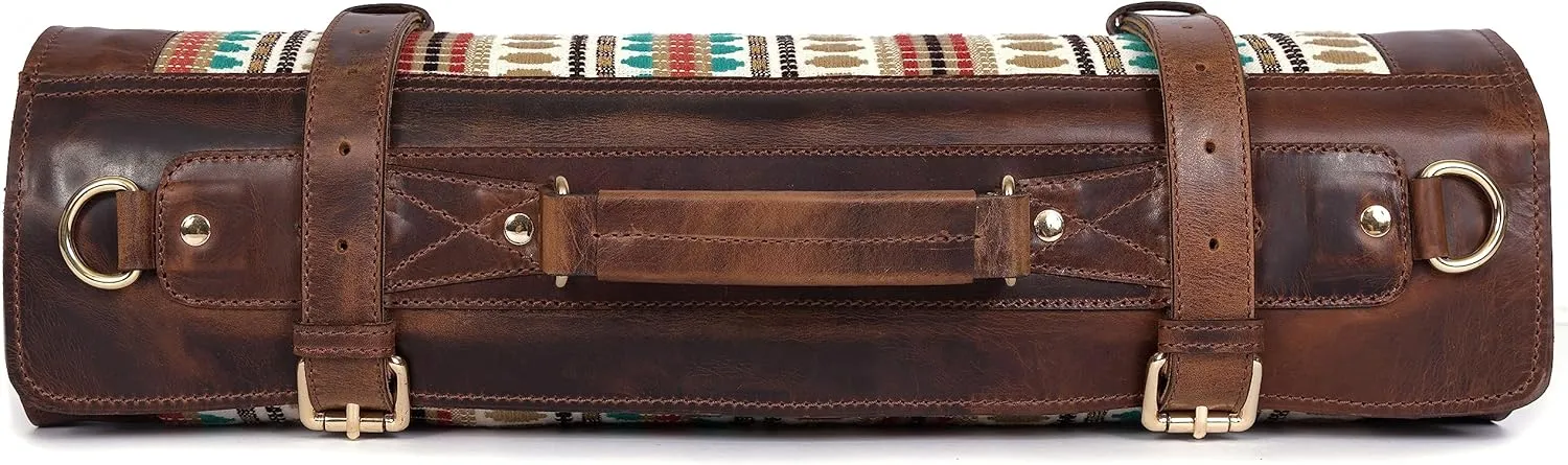 Tolredo Cow Leather & Jacquard Chef Knife Roll Case 10 Slot and 1 Zipper Pocket for Culinary Storage & Tool Pouch, Water Resistant Portable Bag with Detachable Shoulder Strap (29.5" X 20")