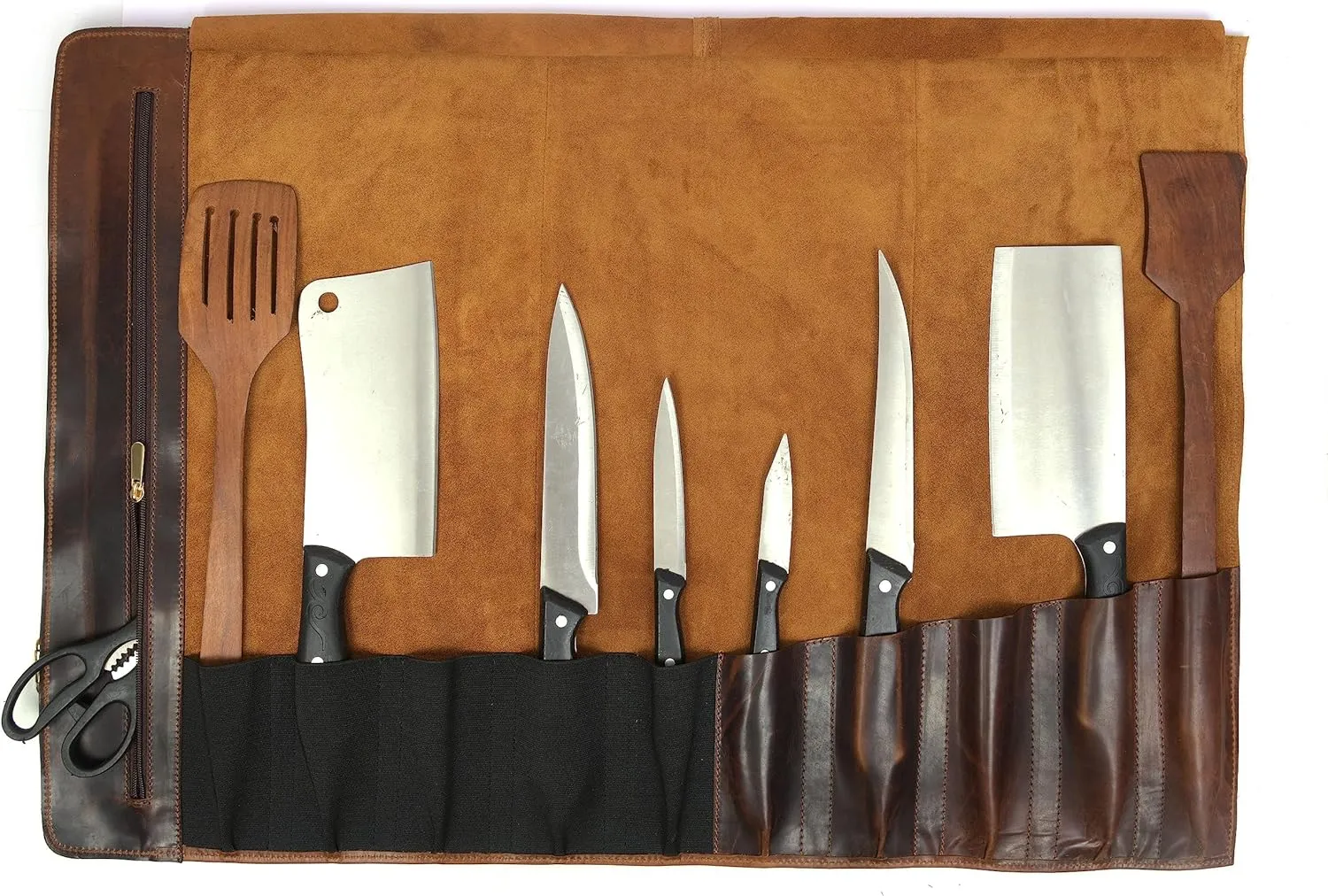 Tolredo Cow Leather & Jacquard Chef Knife Roll Case 10 Slot and 1 Zipper Pocket for Culinary Storage & Tool Pouch, Water Resistant Portable Bag with Detachable Shoulder Strap (29.5" X 20")