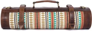 Tolredo Cow Leather & Jacquard Chef Knife Roll Case 10 Slot and 1 Zipper Pocket for Culinary Storage & Tool Pouch, Water Resistant Portable Bag with Detachable Shoulder Strap (29.5" X 20")