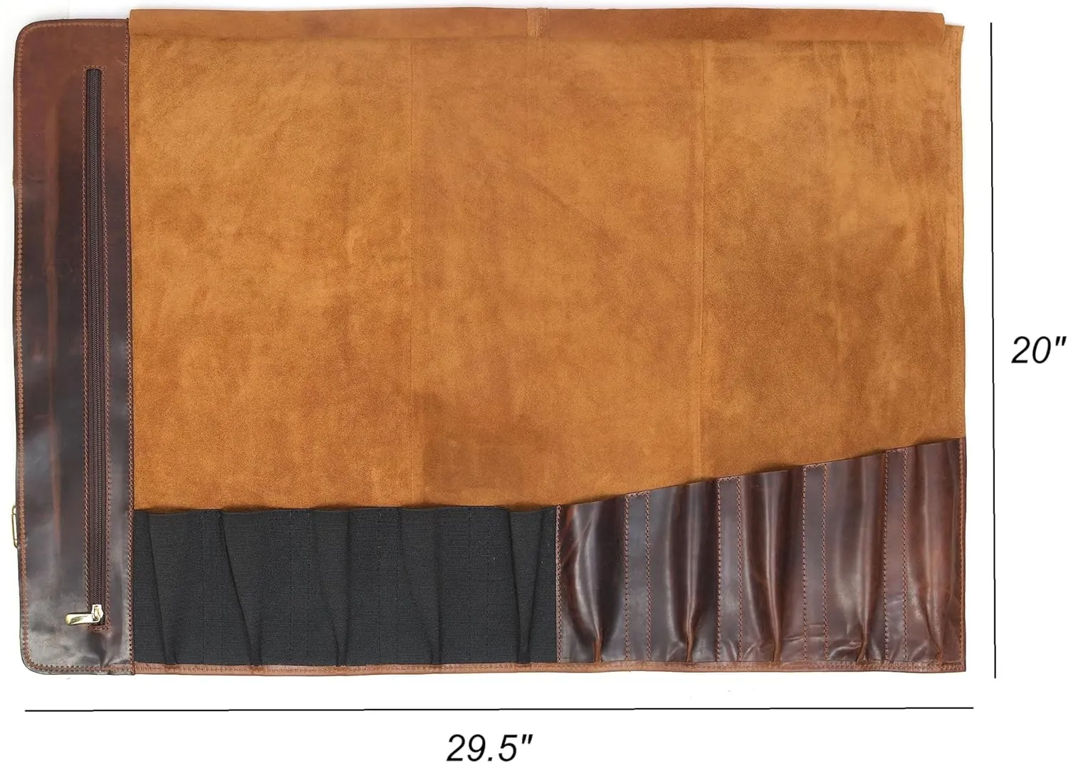 Tolredo Cow Leather & Jacquard Chef Knife Roll Case 10 Slot and 1 Zipper Pocket for Culinary Storage & Tool Pouch, Water Resistant Portable Bag with Detachable Shoulder Strap (29.5" X 20")