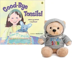 Tonsillectomy Gift Get Well Soon Teddy Bear with Goodbye Tonsils Children's Book Gift Set, Kids Tonsillectomy Recovery - Blue Gray Hoodie