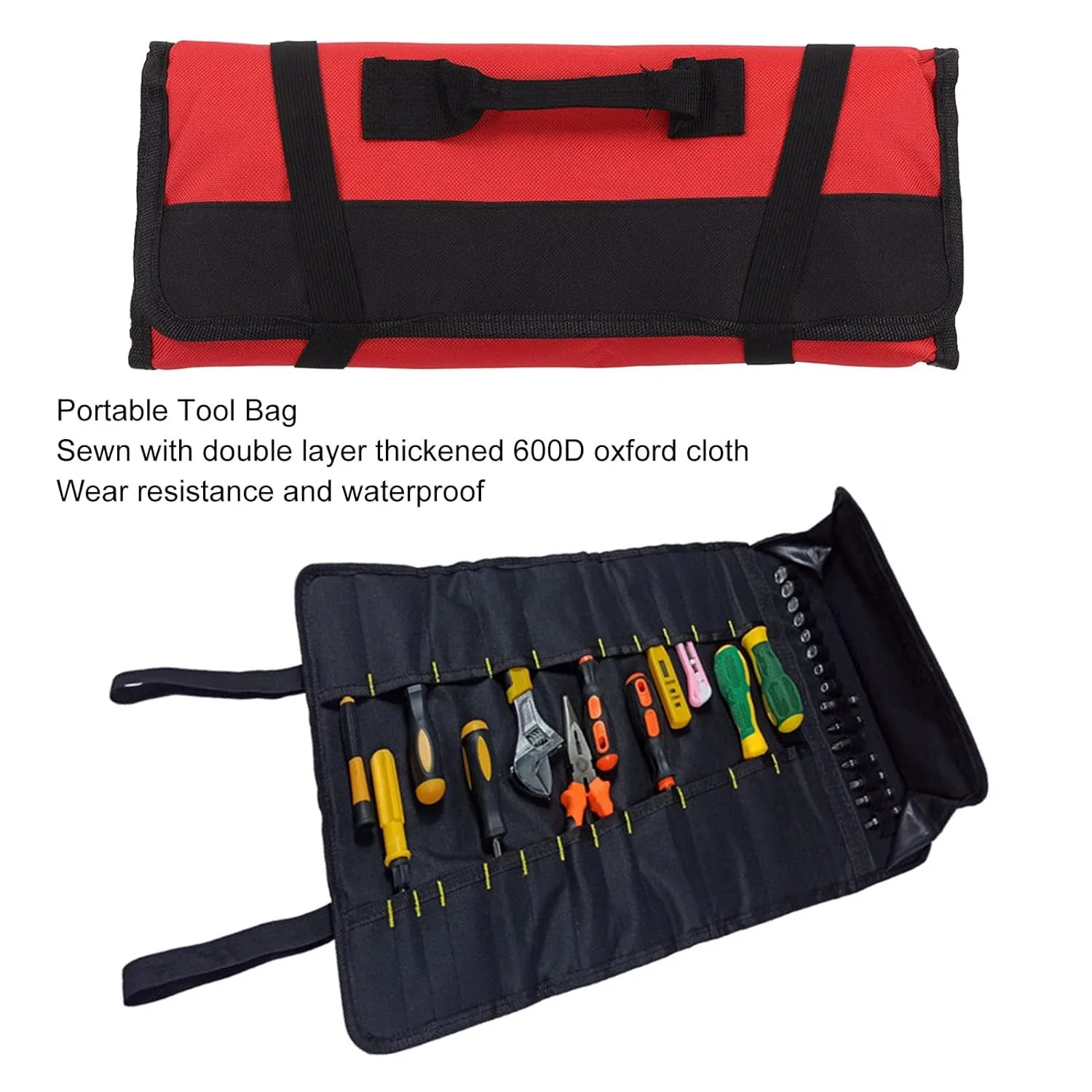 Tool Bag, Roll Up Tool Bag Portable Oxford Cloth Large Capacity Multiple Pockets Wear for Installation (Red)