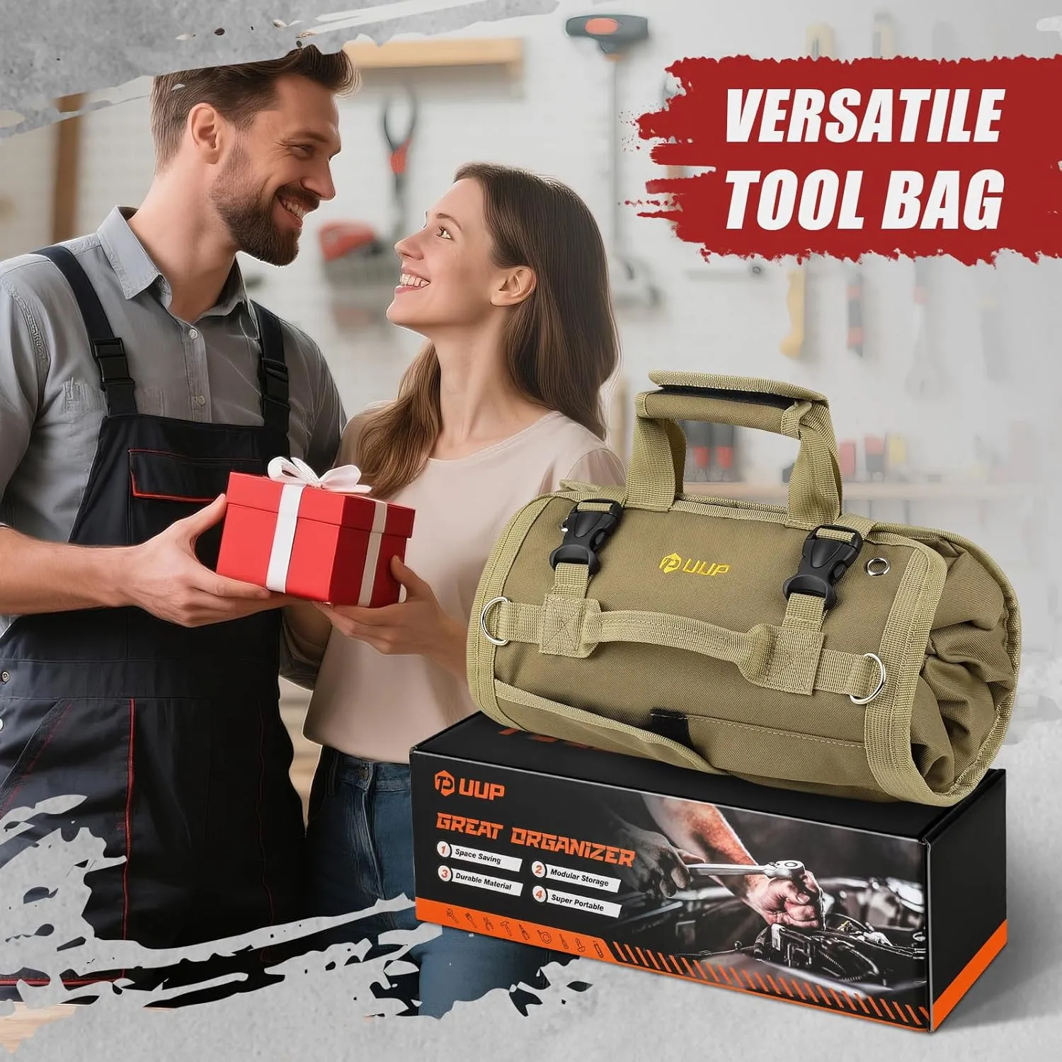 Tool Bag Roll Up, UUP Heavy Duty Rolled Empty Tool Storage Organization, Portable Foldable Rollup Organizer with 2 Small Pouches, Rollable Carrying Toolbag, Dad Men Mechanic Birthday Gifts, Khaki