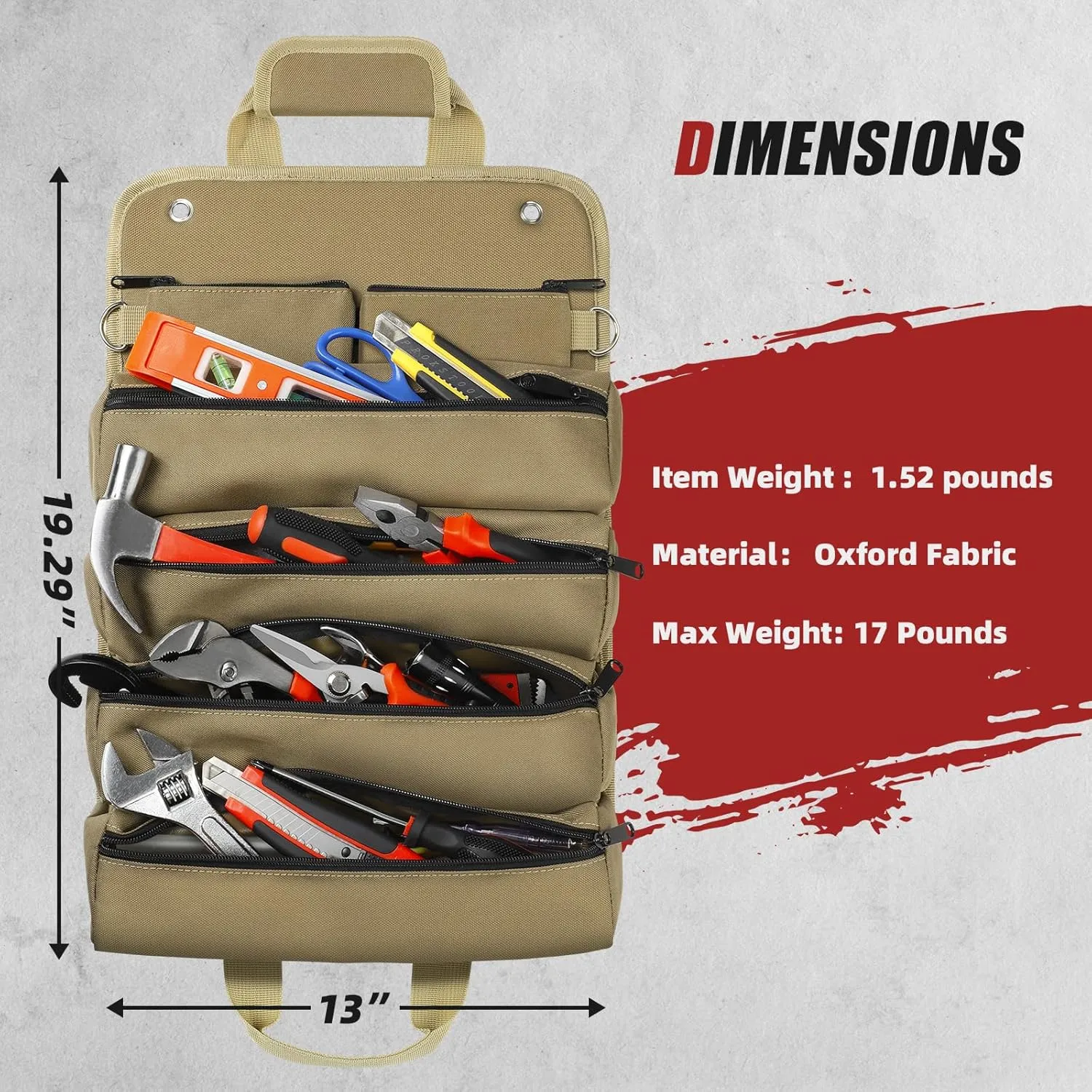 Tool Bag Roll Up, UUP Heavy Duty Rolled Empty Tool Storage Organization, Portable Foldable Rollup Organizer with 2 Small Pouches, Rollable Carrying Toolbag, Dad Men Mechanic Birthday Gifts, Khaki