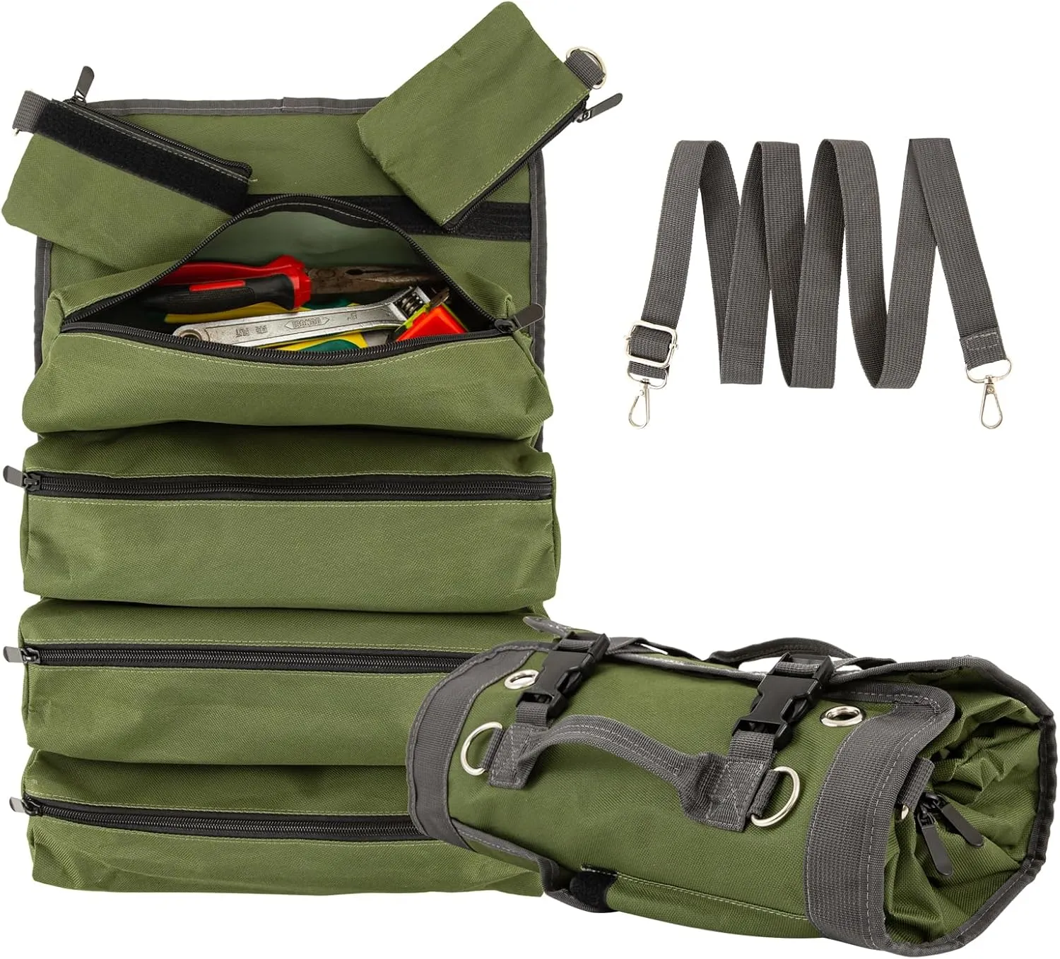 Tool Bag,Portable Toll Roll Bag,Large Roll Up Tool Bag Organizer,Heavy Duty Tool Organizer with 2 Detachable Zipper Pouch,Portable Tool Storage Box,Tool Roll Storage Pouch, Father Day Dad Gifts