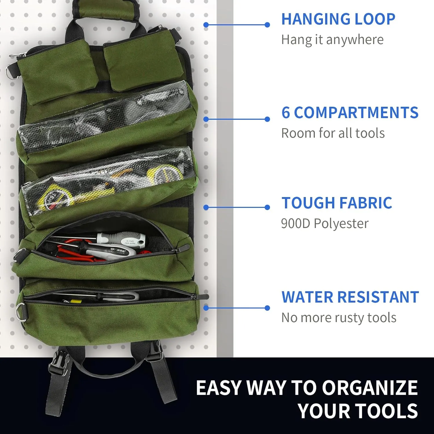 Tool Bag,Tool Roll Up Bag Portable Tool Roll Bag.Detachable Pockets Visible Pocket Compact Heavy Duty Carrier Bag for Electrician Mechanic, Gifts for Dad Men,Green