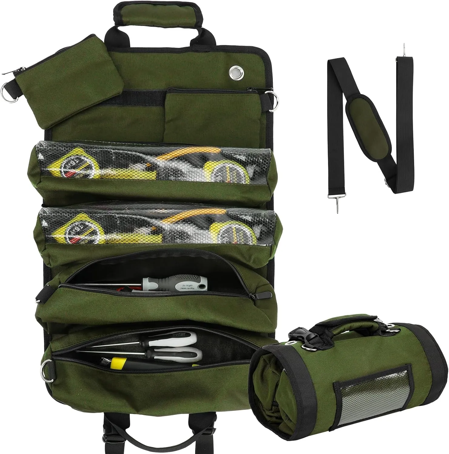 Tool Bag,Tool Roll Up Bag Portable Tool Roll Bag.Detachable Pockets Visible Pocket Compact Heavy Duty Carrier Bag for Electrician Mechanic, Gifts for Dad Men,Green