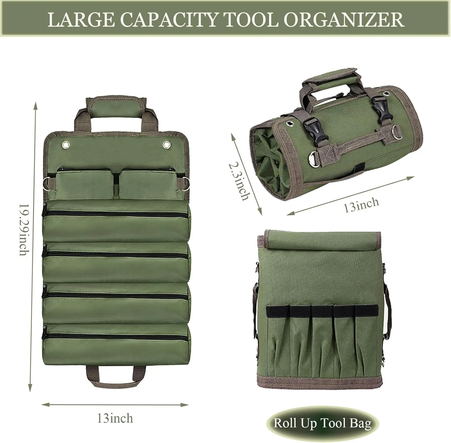 Tool Organizer Bag, Foldable Roll Up Bag Organizer w/ 2 Detachable Pouches, Heavy Duty Tool Storage Organization for Mechanic Carrying Toolbag, Dad Men Birthday Father Day, Gifts for Him (Green)