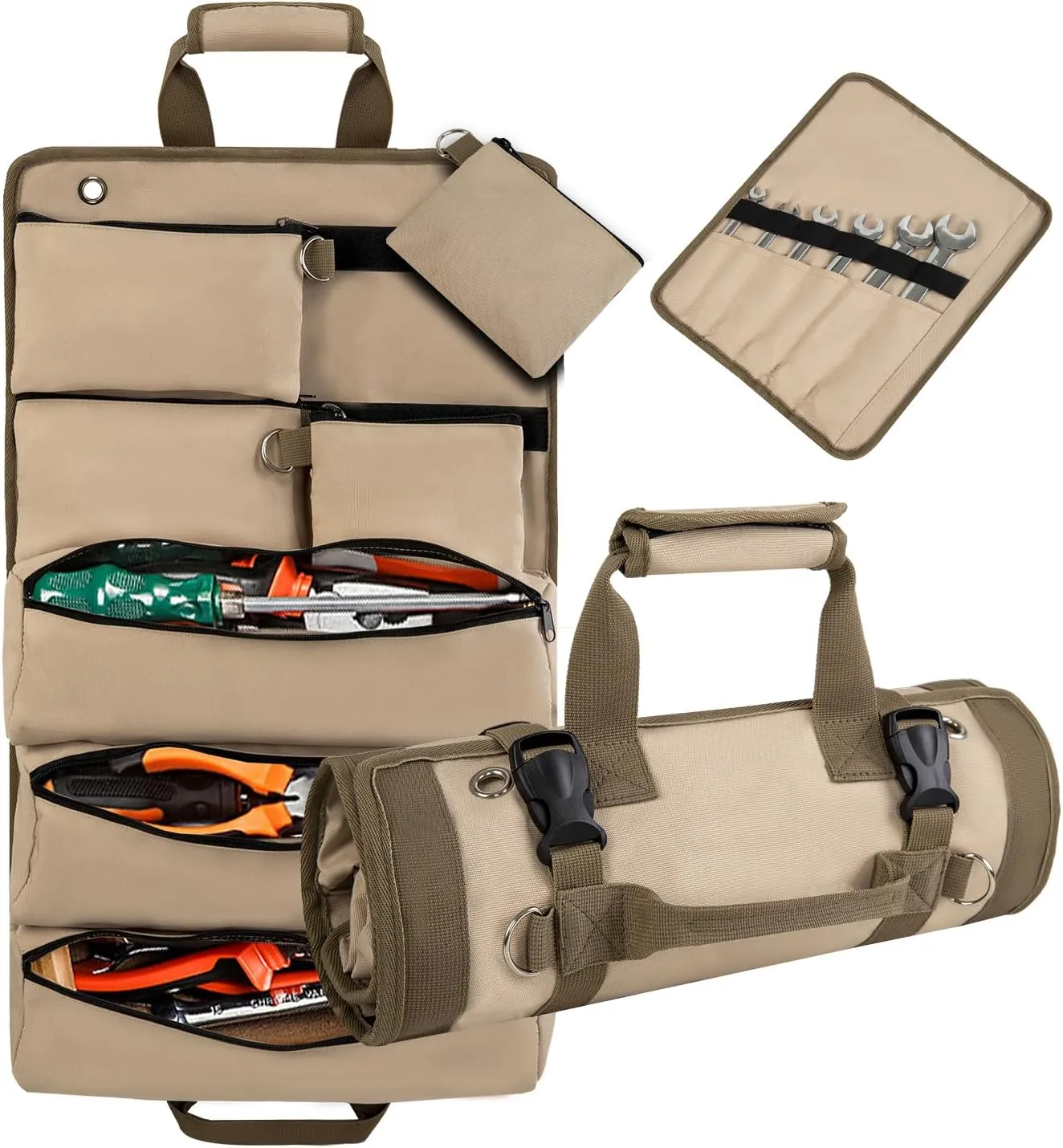 Tool Organizers, Small Tool Bag Detachable Pouches, Heavy Duty Roll Up, Tool Roll Organizer For Mechanic, Electrician, Hobbyist (khaki)