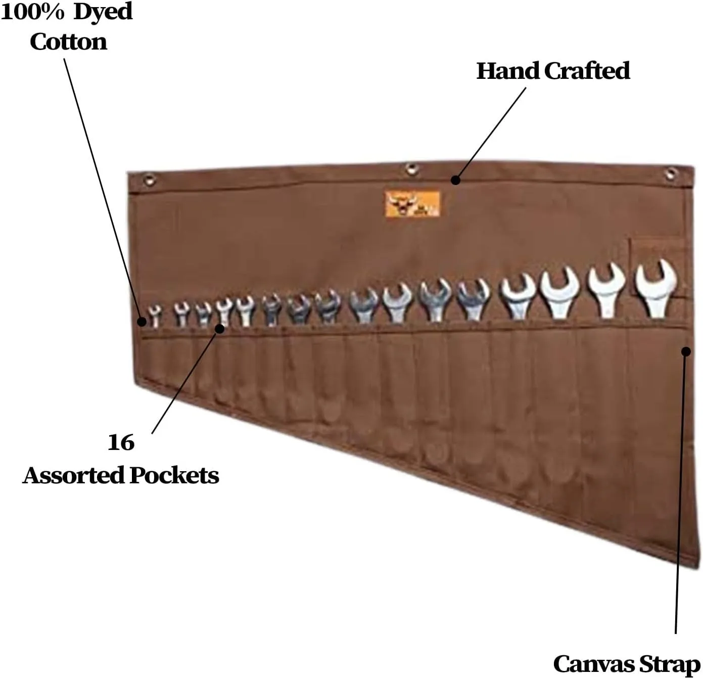 Tool Pouch Roll Up Organizer, 16 Pockets for SAE & Metric Wrenches, Handcrafted Heavyweight Cotton Canvas, Durable & Portable Tool Bag - Cinnamon Brown (Tools Not Included)