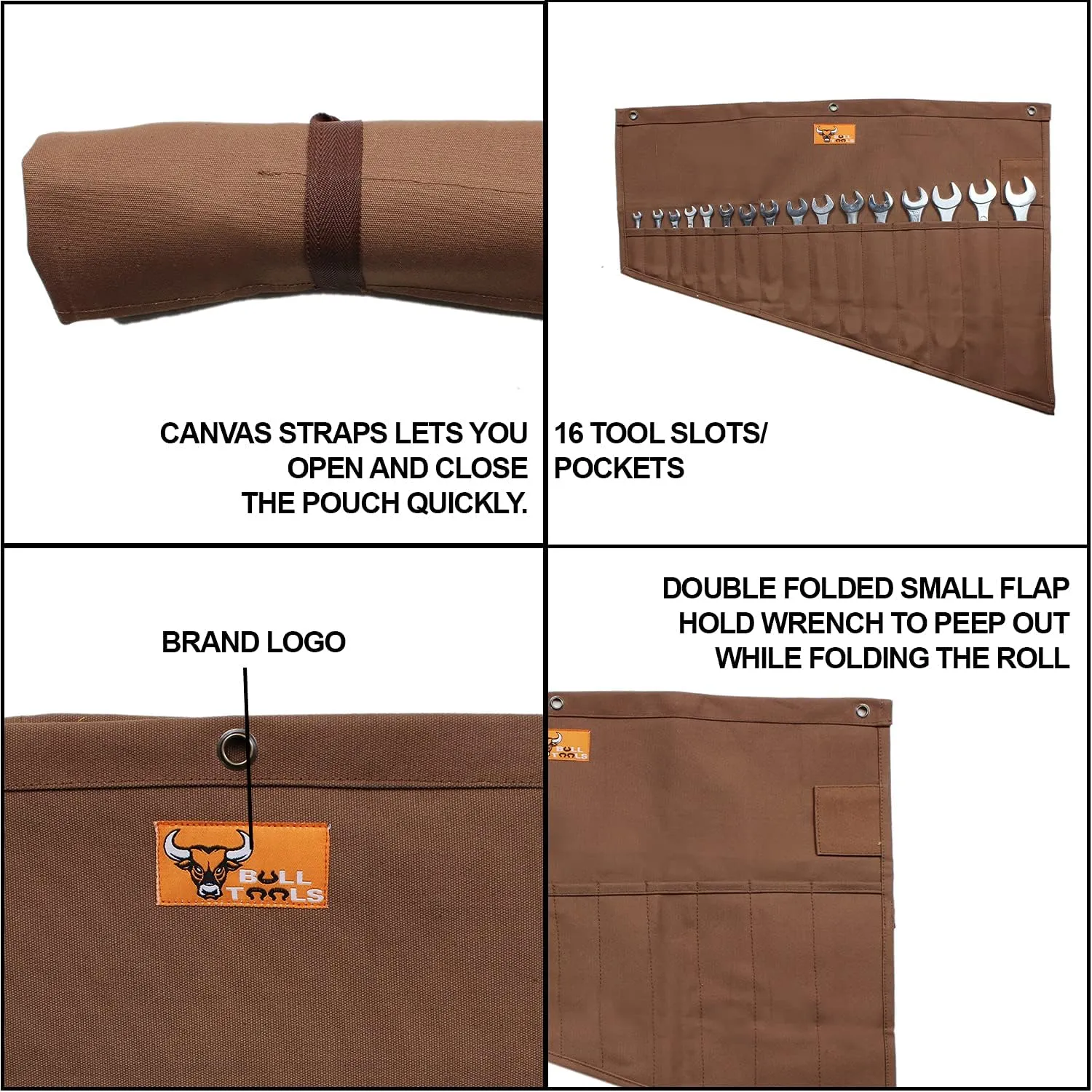 Tool Pouch Roll Up Organizer, 16 Pockets for SAE & Metric Wrenches, Handcrafted Heavyweight Cotton Canvas, Durable & Portable Tool Bag - Cinnamon Brown (Tools Not Included)