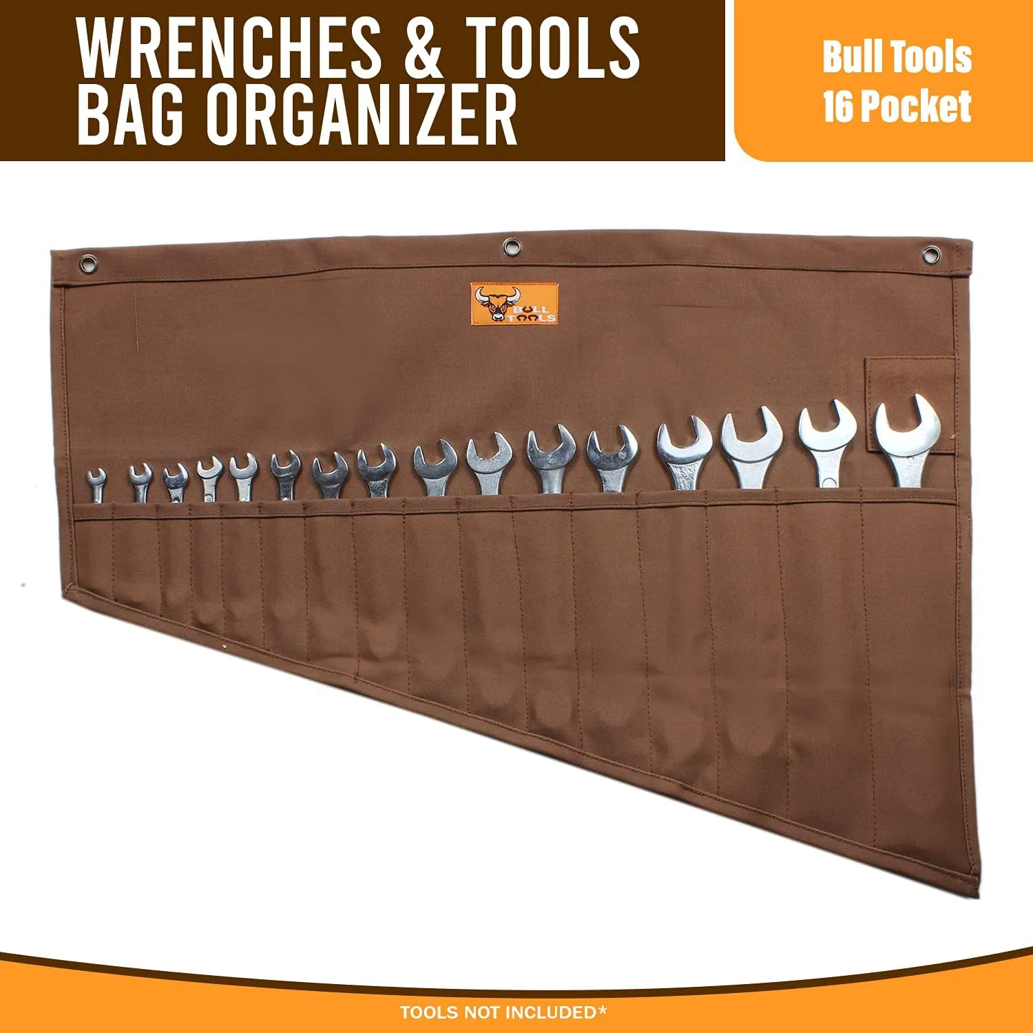 Tool Pouch Roll Up Organizer, 16 Pockets for SAE & Metric Wrenches, Handcrafted Heavyweight Cotton Canvas, Durable & Portable Tool Bag - Cinnamon Brown (Tools Not Included)