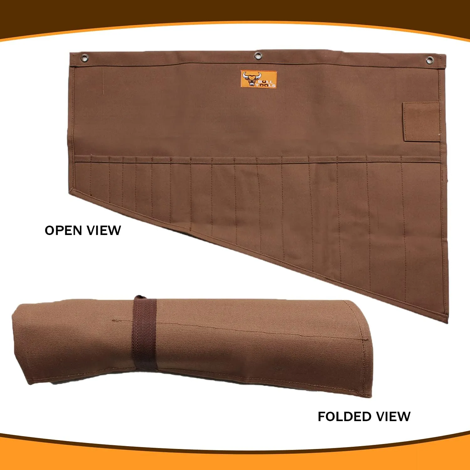 Tool Pouch Roll Up Organizer, 16 Pockets for SAE & Metric Wrenches, Handcrafted Heavyweight Cotton Canvas, Durable & Portable Tool Bag - Cinnamon Brown (Tools Not Included)