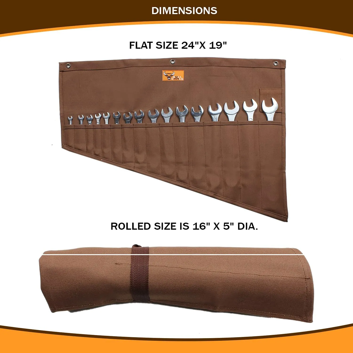 Tool Pouch Roll Up Organizer, 16 Pockets for SAE & Metric Wrenches, Handcrafted Heavyweight Cotton Canvas, Durable & Portable Tool Bag - Cinnamon Brown (Tools Not Included)