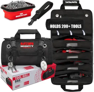 Tool Roll Bag Organizer with Magnetic Plate – Heavy Duty Polyester, Ideal Gifts For Men, Portable Tool Roll Up Bag with 5 Large Pouches & 4 Tool Strap – Black (26 Inches)