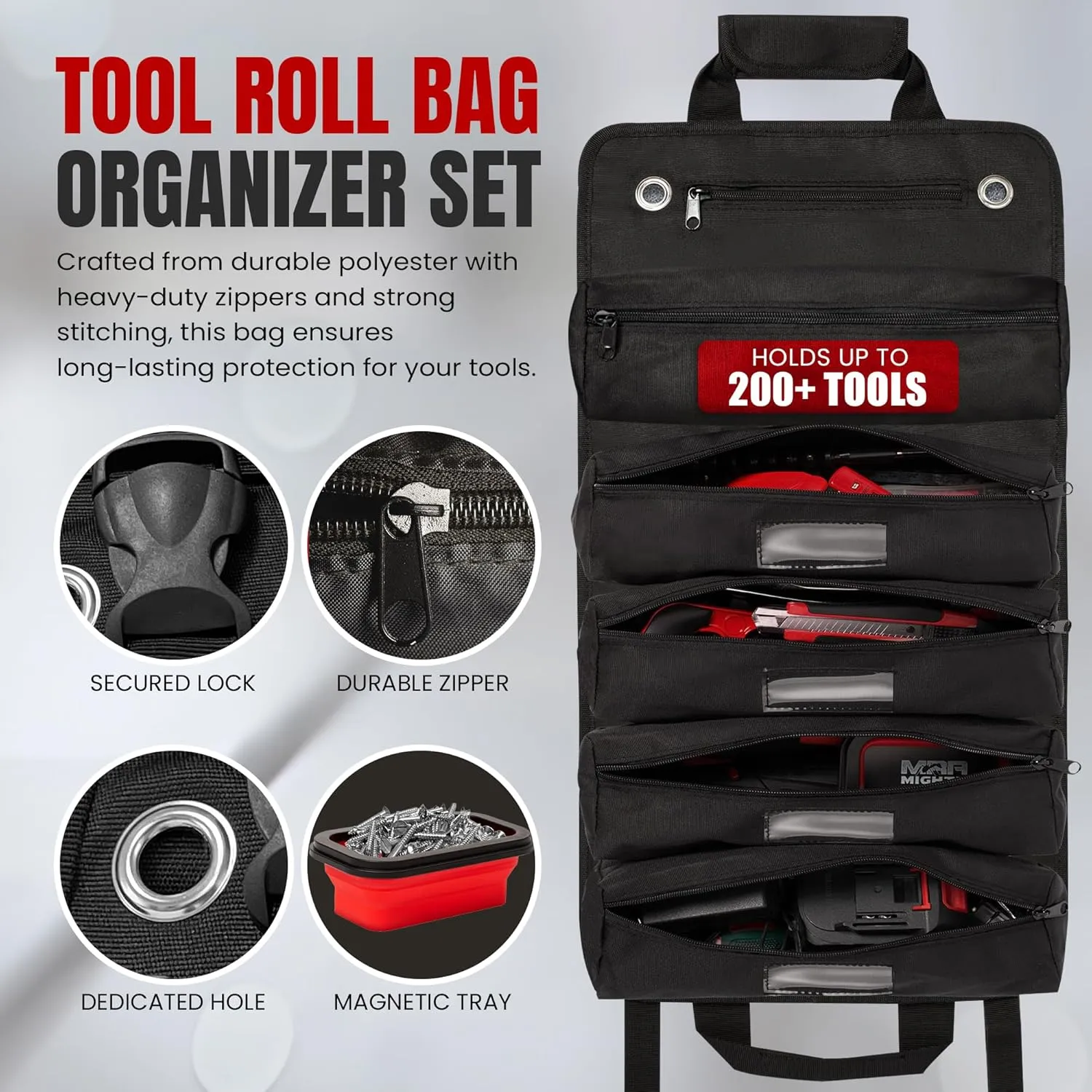 Tool Roll Bag Organizer with Magnetic Plate – Heavy Duty Polyester, Ideal Gifts For Men, Portable Tool Roll Up Bag with 5 Large Pouches & 4 Tool Strap – Black (26 Inches)