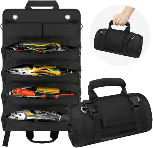 Tool Roll Bag, Roll Up Tool Bag Small Tool Bag with Detachable Pouches, Heavy Duty Roll Up Tool Bag Organizer, Tool Storage Kit for Mechanic & Electrician, Gifts for Men (Black)