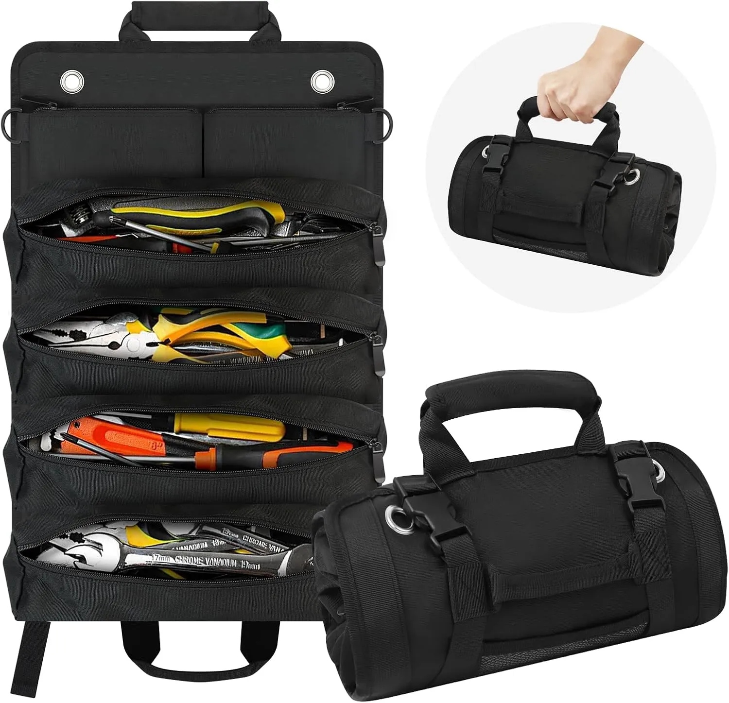 Tool Roll Bag, Roll Up Tool Bag Small Tool Bag with Detachable Pouches, Heavy Duty Roll Up Tool Bag Organizer, Tool Storage Kit for Mechanic & Electrician, Gifts for Men (Black)