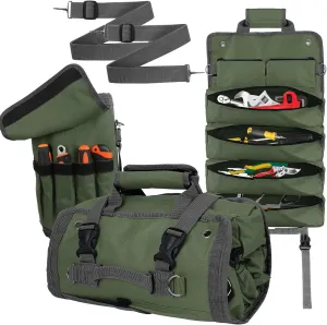 Tool Roll Up Bag, Heavy Duty Roll Up Bag Organizer with Detachable Tool Pouches, Gift for Men, Father Day, Tool Roll Bag For Mechanic, Electrician，Plumber,Carpenter(Exclude Tools) (GREEN)
