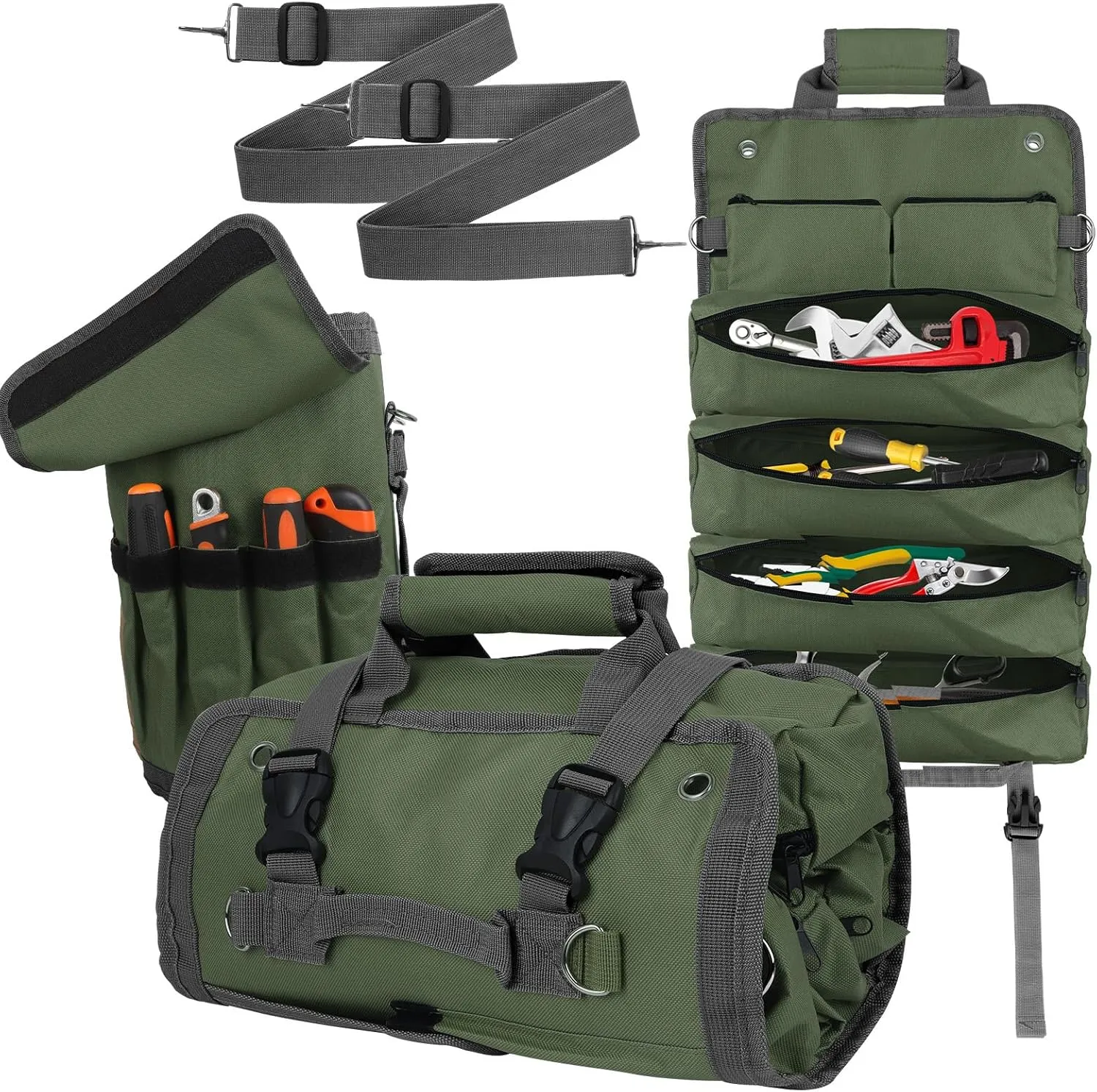 Tool Roll Up Bag, Heavy Duty Roll Up Bag Organizer with Detachable Tool Pouches, Gift for Men, Father Day, Tool Roll Bag For Mechanic, Electrician，Plumber,Carpenter(Exclude Tools) (GREEN)