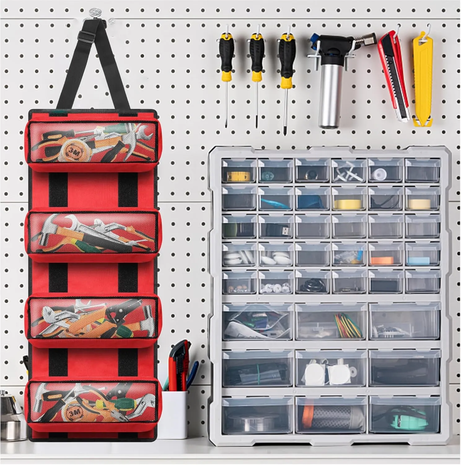 Tool Roll, Wrench Roll Up Pouch Canvas Tool Roll up Bag, Multi-Purpose Wrench Tool Organize Storage,Hvac Tool Roll Bag with 4 Pockets(Red)