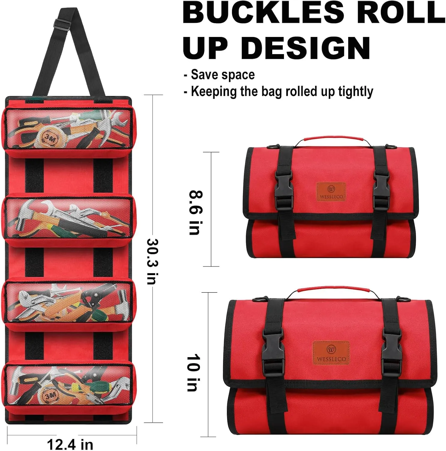 Tool Roll, Wrench Roll Up Pouch Canvas Tool Roll up Bag, Multi-Purpose Wrench Tool Organize Storage,Hvac Tool Roll Bag with 4 Pockets(Red)