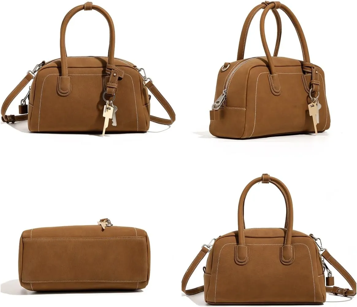 Top Handle Barrel Purse for Women Medium Suede Leather Crossbody Bags Vintage Work Totes Satchel Shoulder Handbag