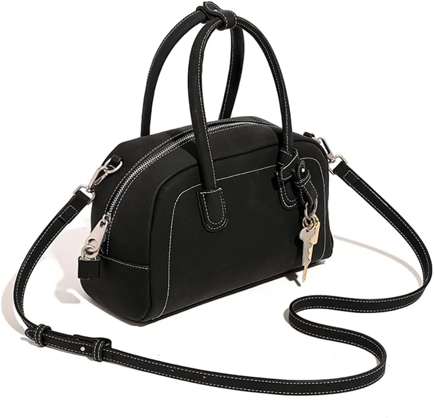 Top Handle Barrel Purse for Women Medium Suede Leather Crossbody Bags Vintage Work Totes Satchel Shoulder Handbag