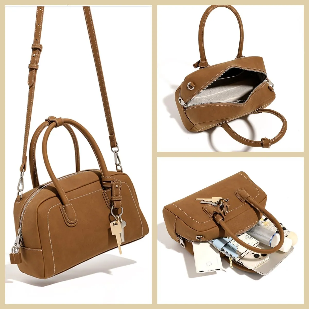 Top Handle Barrel Purse for Women Medium Suede Leather Crossbody Bags Vintage Work Totes Satchel Shoulder Handbag