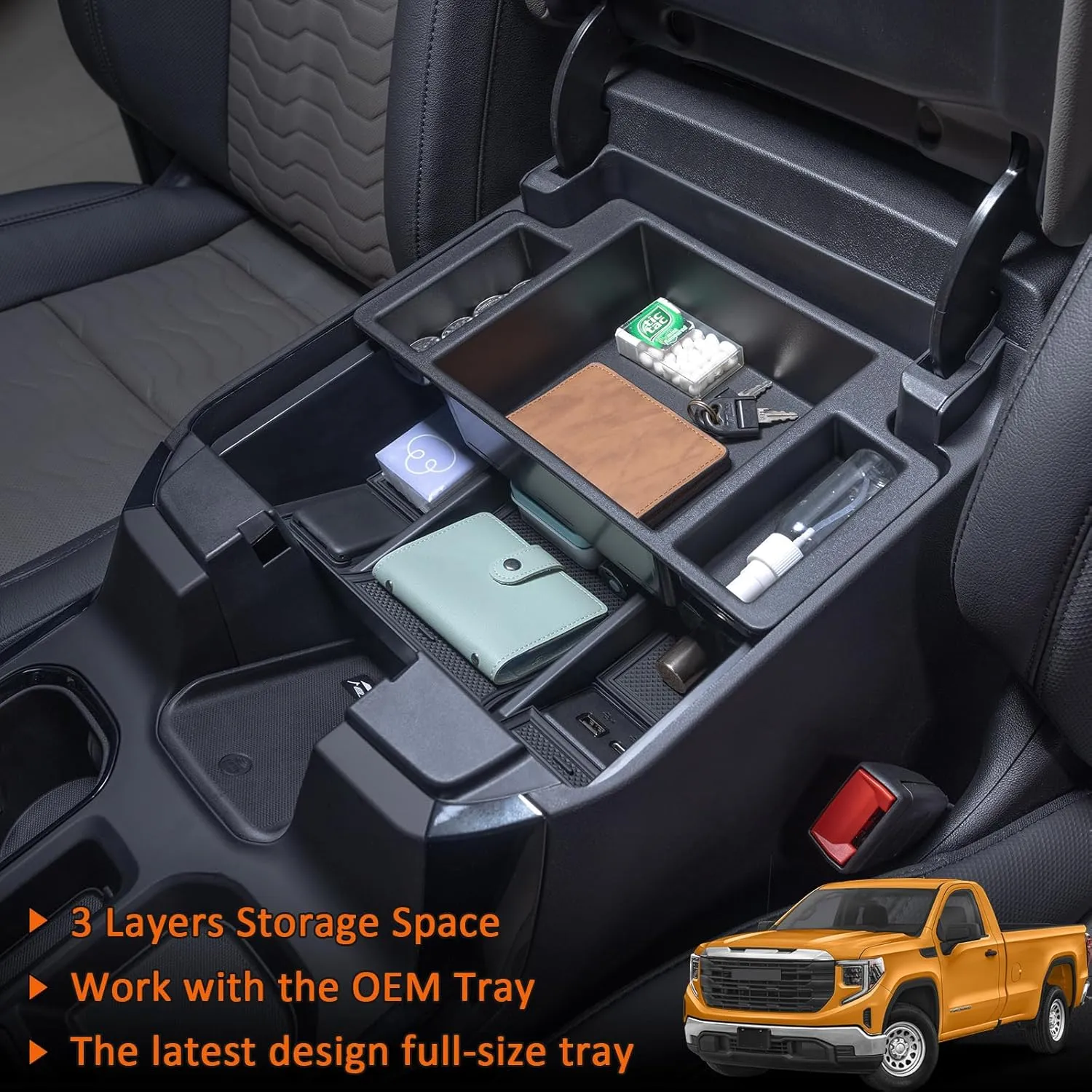 TOPINSTALL 22-25 Refreshed Full Tray Compatible with 2022-2025 Silverado/Sierra 1500 and 2024 2025 Chevy Silverado/GMC Sierra 2500HD 3500HD, Armrest Organizer (Full Console w/Bucket Seats ONLY)