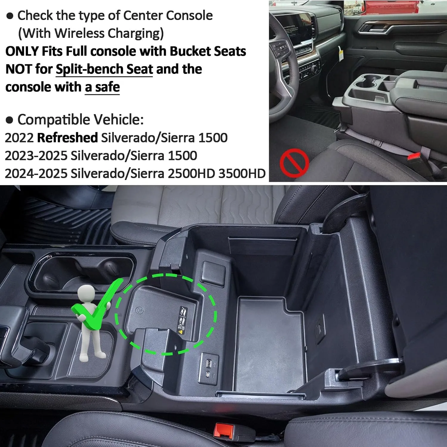TOPINSTALL 22-25 Refreshed Full Tray Compatible with 2022-2025 Silverado/Sierra 1500 and 2024 2025 Chevy Silverado/GMC Sierra 2500HD 3500HD, Armrest Organizer (Full Console w/Bucket Seats ONLY)