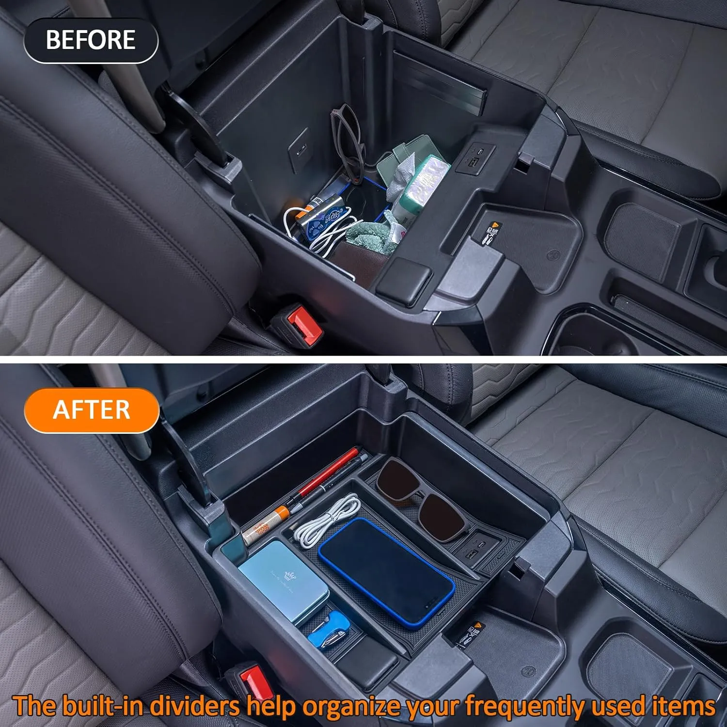 TOPINSTALL 22-25 Refreshed Full Tray Compatible with 2022-2025 Silverado/Sierra 1500 and 2024 2025 Chevy Silverado/GMC Sierra 2500HD 3500HD, Armrest Organizer (Full Console w/Bucket Seats ONLY)