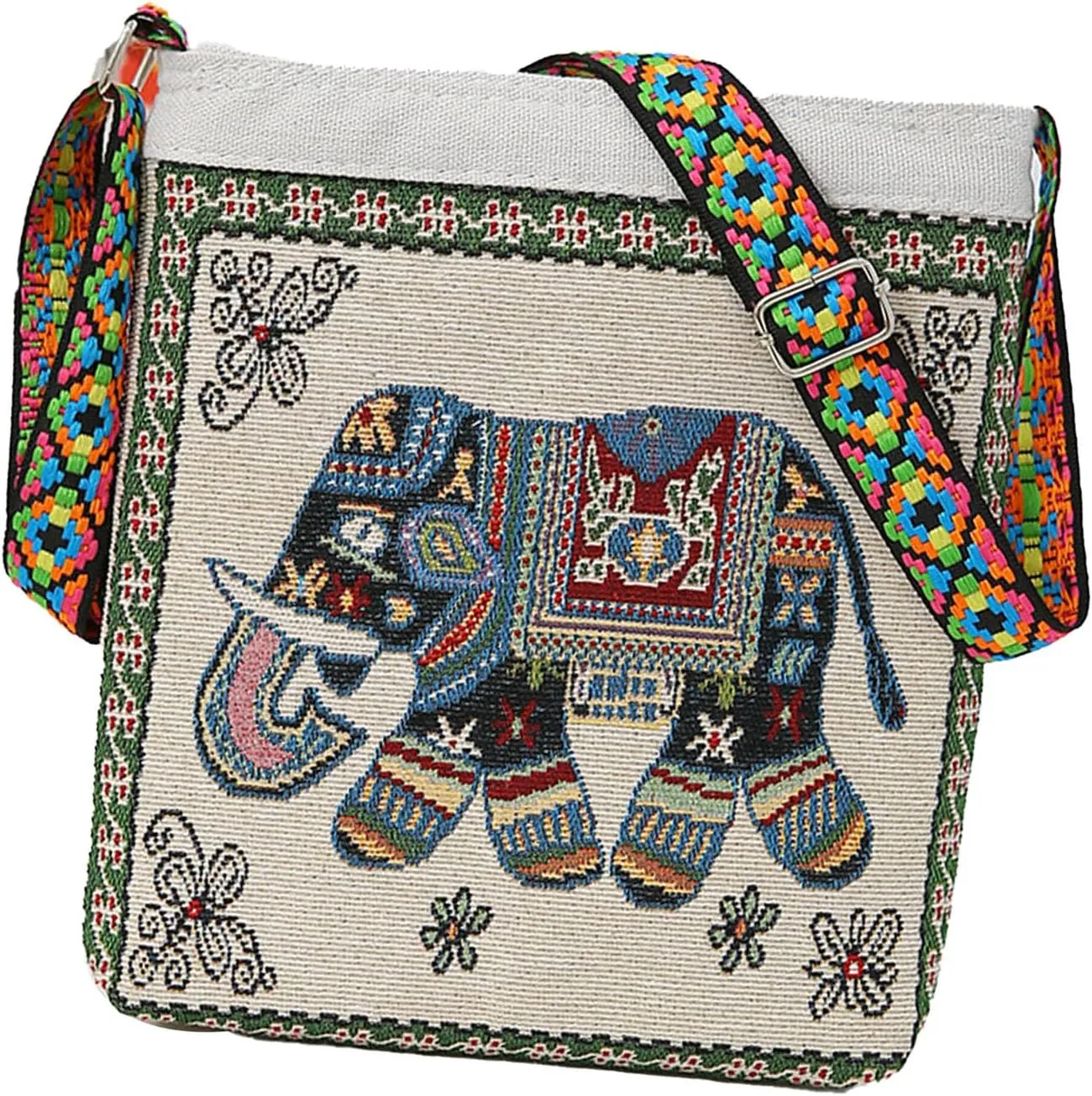 Topyond Elephant Boho Shoulder Bag Handmade Thai Embroidered Messenger with Adjustable Straps, Large Capacity Boho Bag, Stylish and Functional for Women