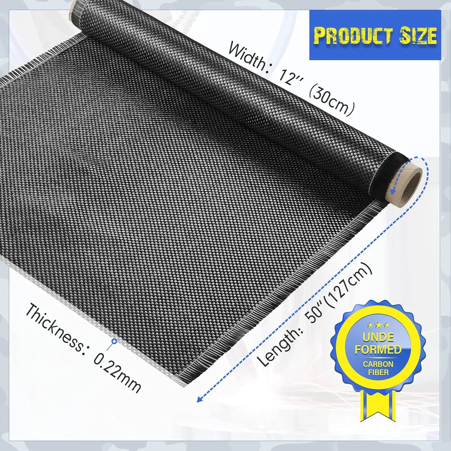 Treela 1 Pcs 4.17ft x 12" Carbon Fiber Cloth Roll, 2 x 2 Plain Weave-3k/220g Fabric for Structural Reinforcement on Concrete Walls, Basements, Boats
