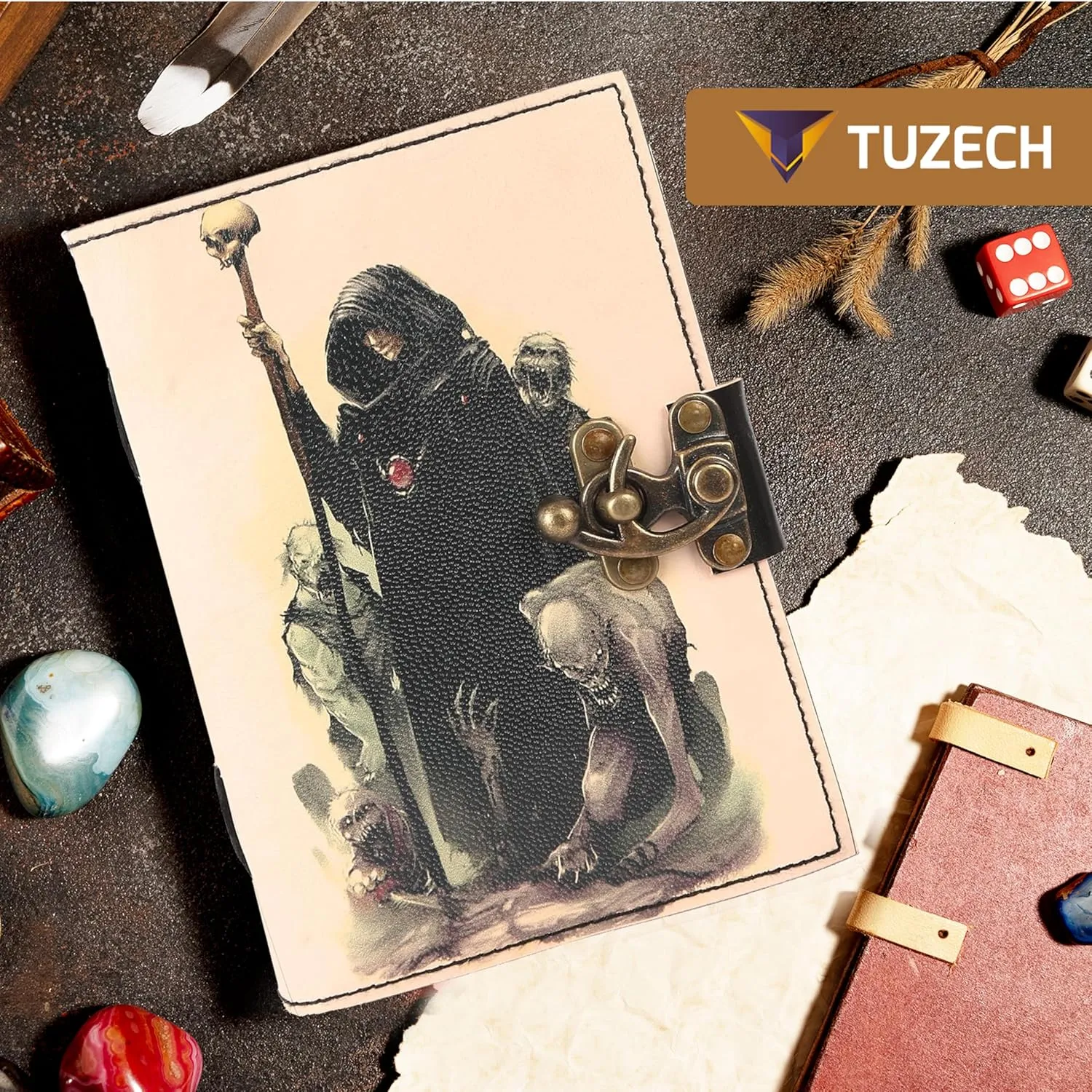 TUZECH Book of Spells Leather Bound Journal Deckle Edge Paper Grimoire Printed Diary Third Eye witchcraft supply and Witch Spell Notebook Antique Vintage Book for Men and Women (Dark Wizard)