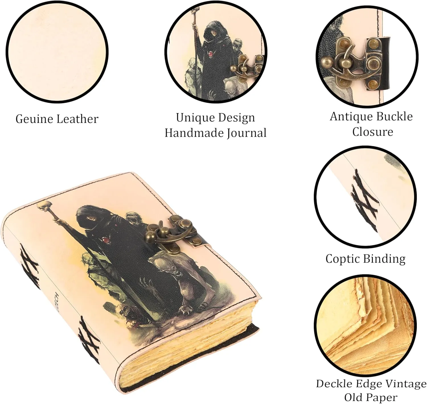 TUZECH Book of Spells Leather Bound Journal Deckle Edge Paper Grimoire Printed Diary Third Eye witchcraft supply and Witch Spell Notebook Antique Vintage Book for Men and Women (Dark Wizard)