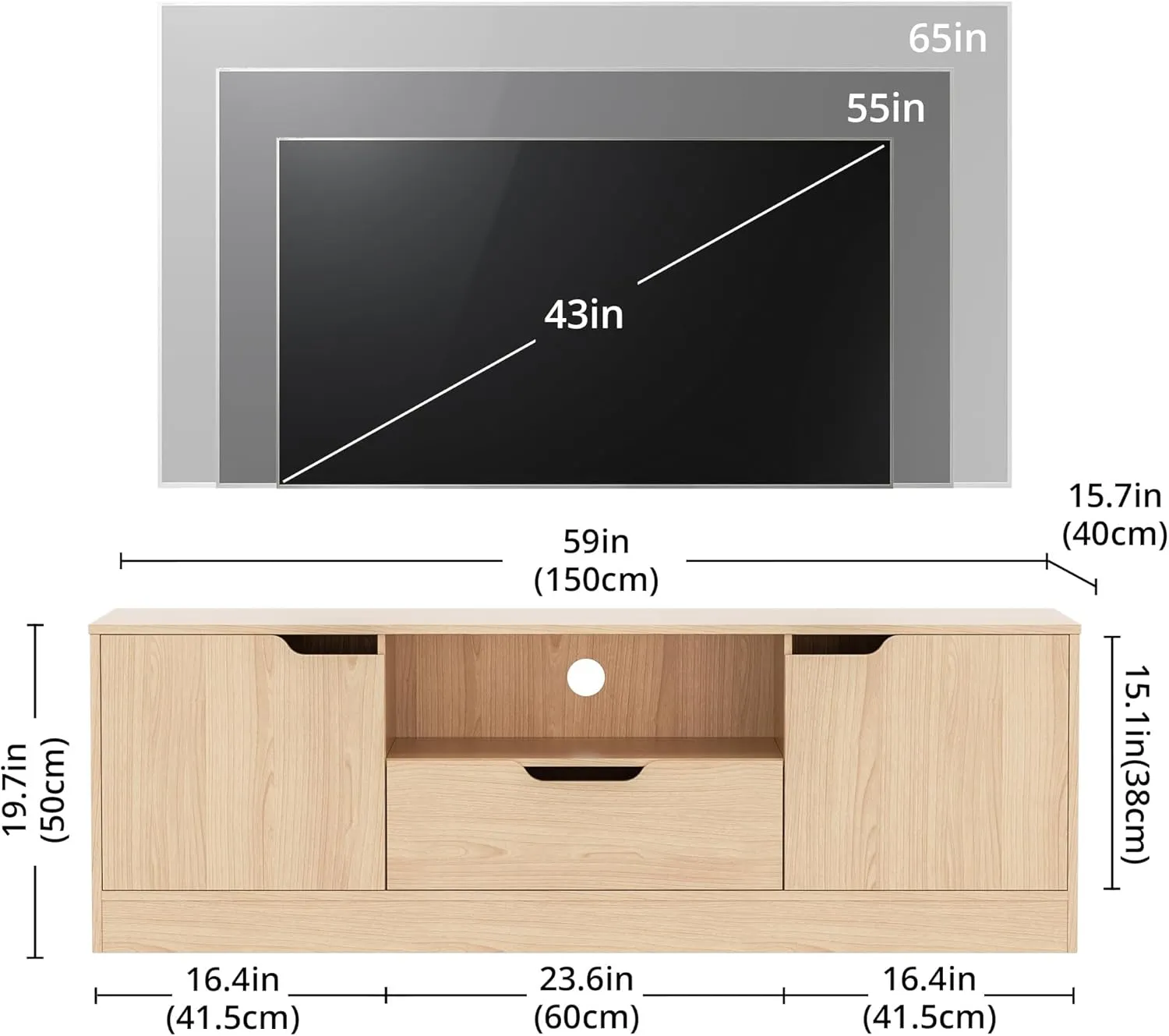 TV Stand for 55/60/65 Inch TV, Entertainment Center with 2 Doors & Drawer, Media TV Console Table with Storage Cabinet for Living Room, Bedroom, Oak