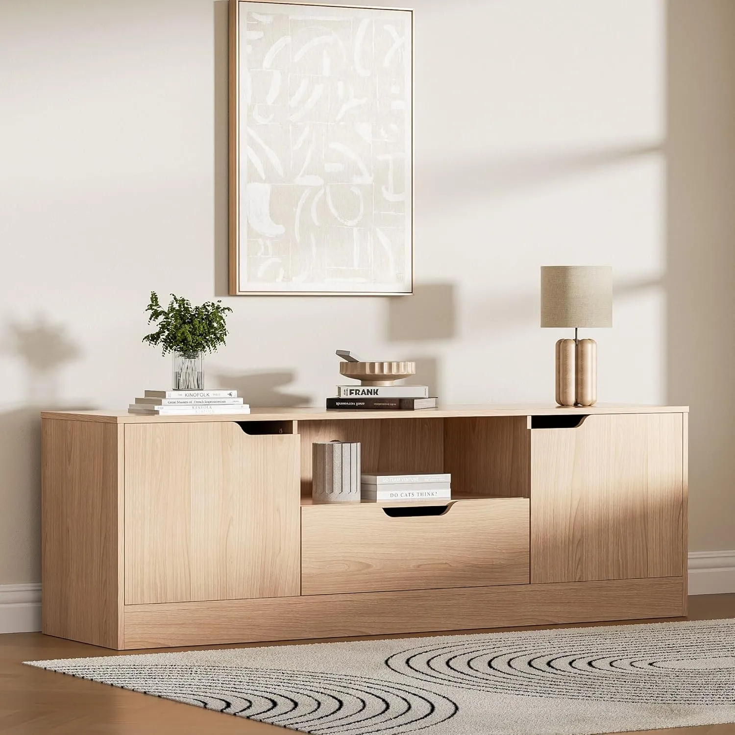 TV Stand for 55/60/65 Inch TV, Entertainment Center with 2 Doors & Drawer, Media TV Console Table with Storage Cabinet for Living Room, Bedroom, Oak