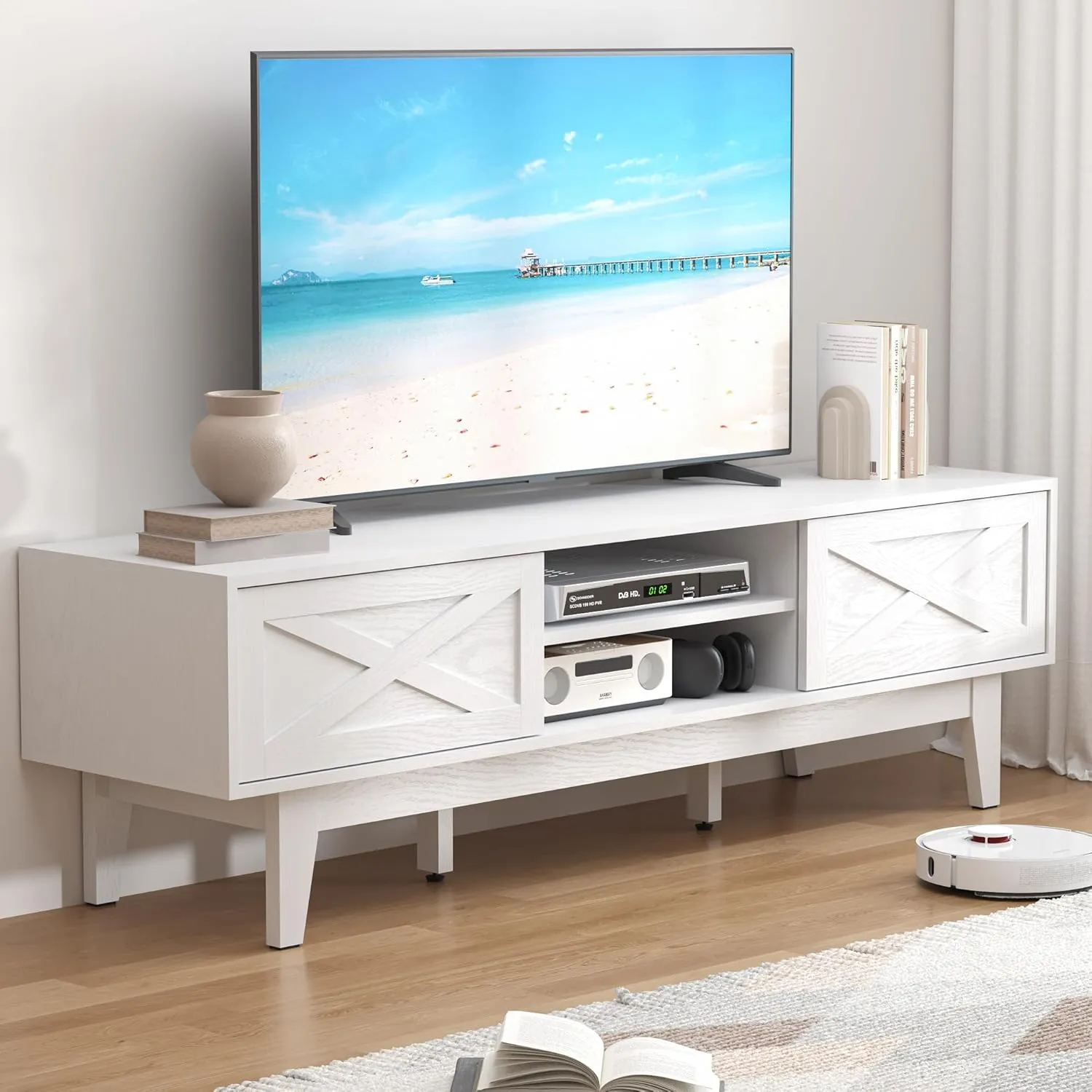 TV Stand for 65 Inch TV, Farmhouse Entertainment Center TV Console Table with Storage, Sliding Barn Door Media Console, Wood TV Cabinet for Living Room & Bedroom (Classic Chalk)