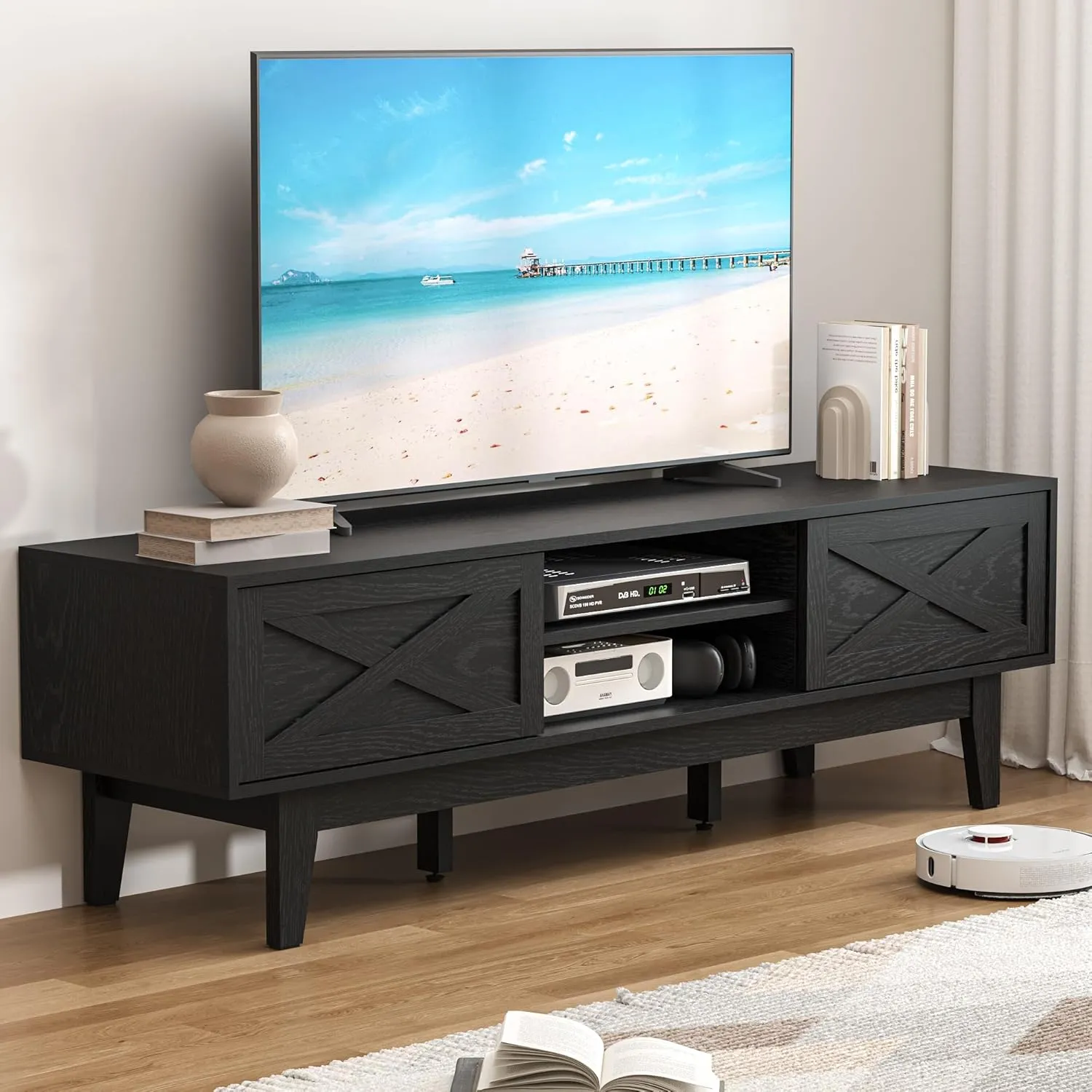 TV Stand for 65 Inch TV, Farmhouse Entertainment Center TV Console Table with Storage, Sliding Barn Door Media Console, Wood TV Cabinet for Living Room & Bedroom (Midnight Ebony)