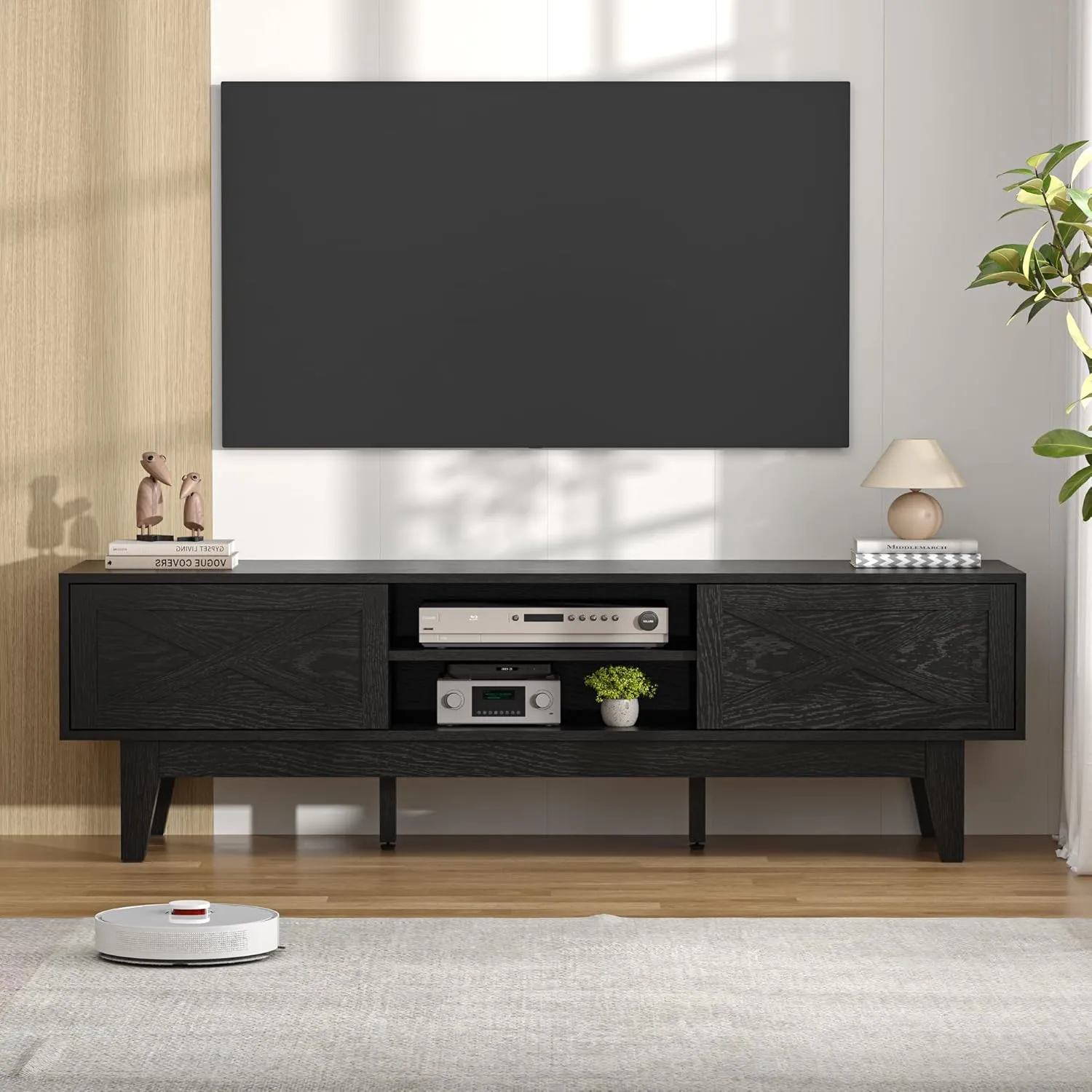 TV Stand for 65 Inch TV, Farmhouse Entertainment Center TV Console Table with Storage, Sliding Barn Door Media Console, Wood TV Cabinet for Living Room & Bedroom (Midnight Ebony)