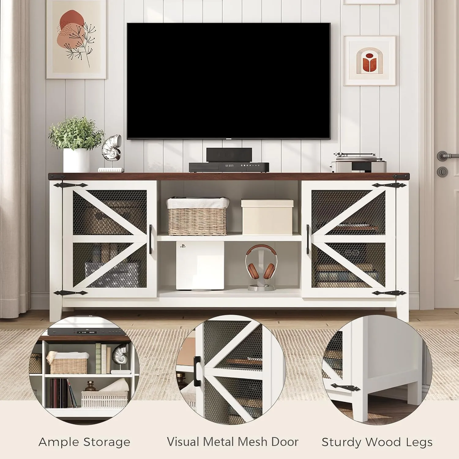 TV Stand for 65 Inch TV, Farmhouse Entertainment Center with Storage and Shelves, Industrial TV Stand with Mesh Door, White TV Media Console Cabinet Furniture for Living Room, Bedroom (White, 58 Inch)
