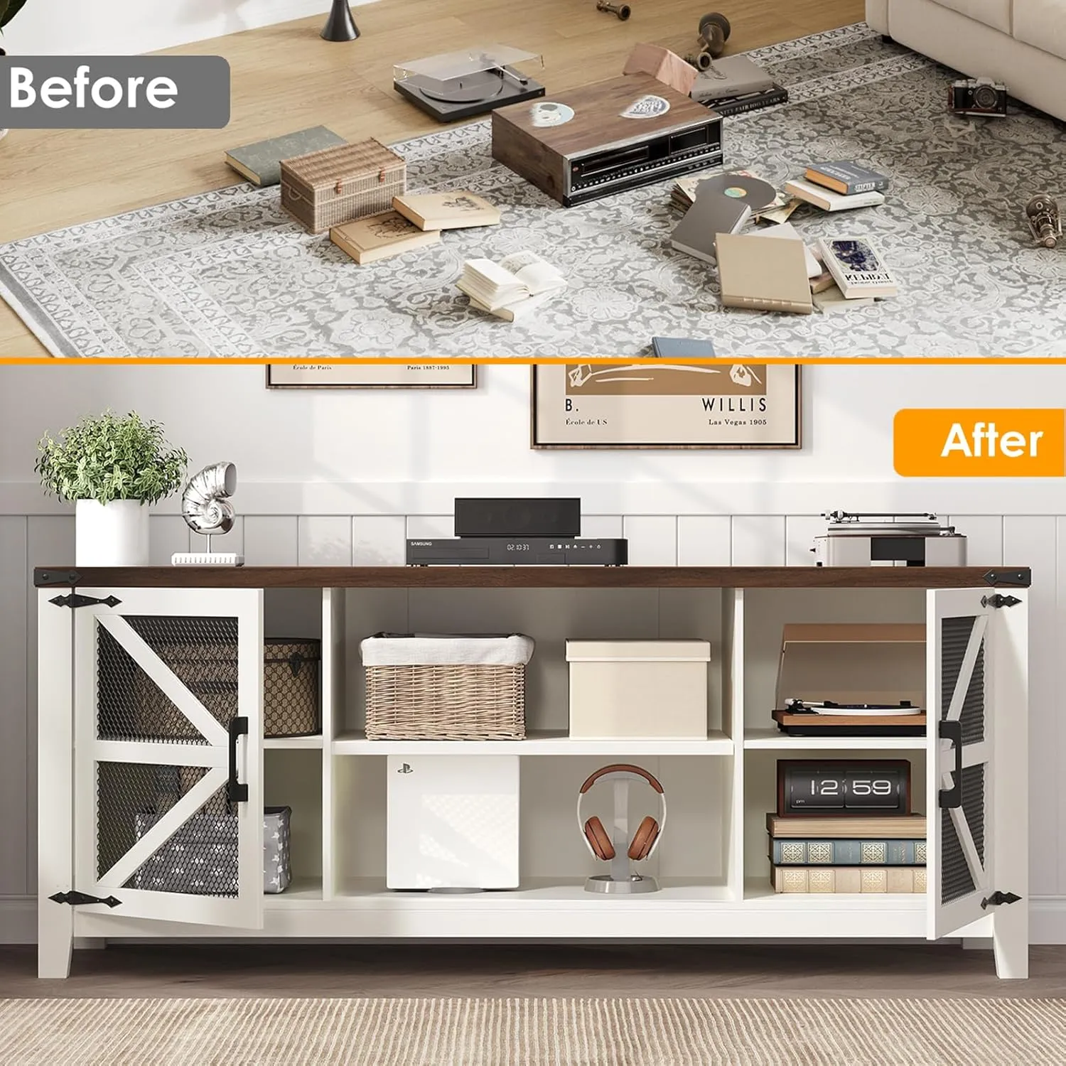 TV Stand for 65 Inch TV, Farmhouse Entertainment Center with Storage and Shelves, Industrial TV Stand with Mesh Door, White TV Media Console Cabinet Furniture for Living Room, Bedroom (White, 58 Inch)