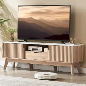 TV Stand for 65"/60"/55" TV, Entertainment Center with Faux Marble Tabletop,Mid-Century Modern TV Console with Cabinets & Drawer,Wood Fluted Media TV Cabinet for Living Room (Natural Oak)