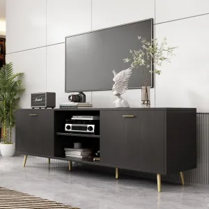 TV Stand for 75 Inch TVs, Wood Entertainment Center with Storage Cabinet & Cord Management, Media Console Table with Metal Legs for Living Room, Bedroom, Black Brown