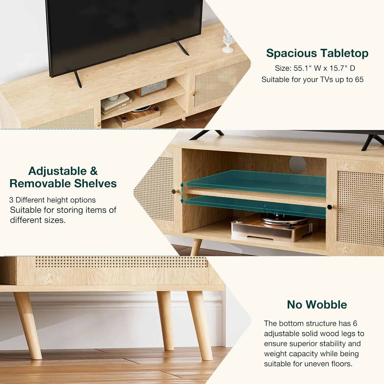 TV Stand for TVs up to 65'', Entertainment Center With Rattan Door, Shelves & 2 Cabinets, Long Boho Media Console for Living Room, Natural