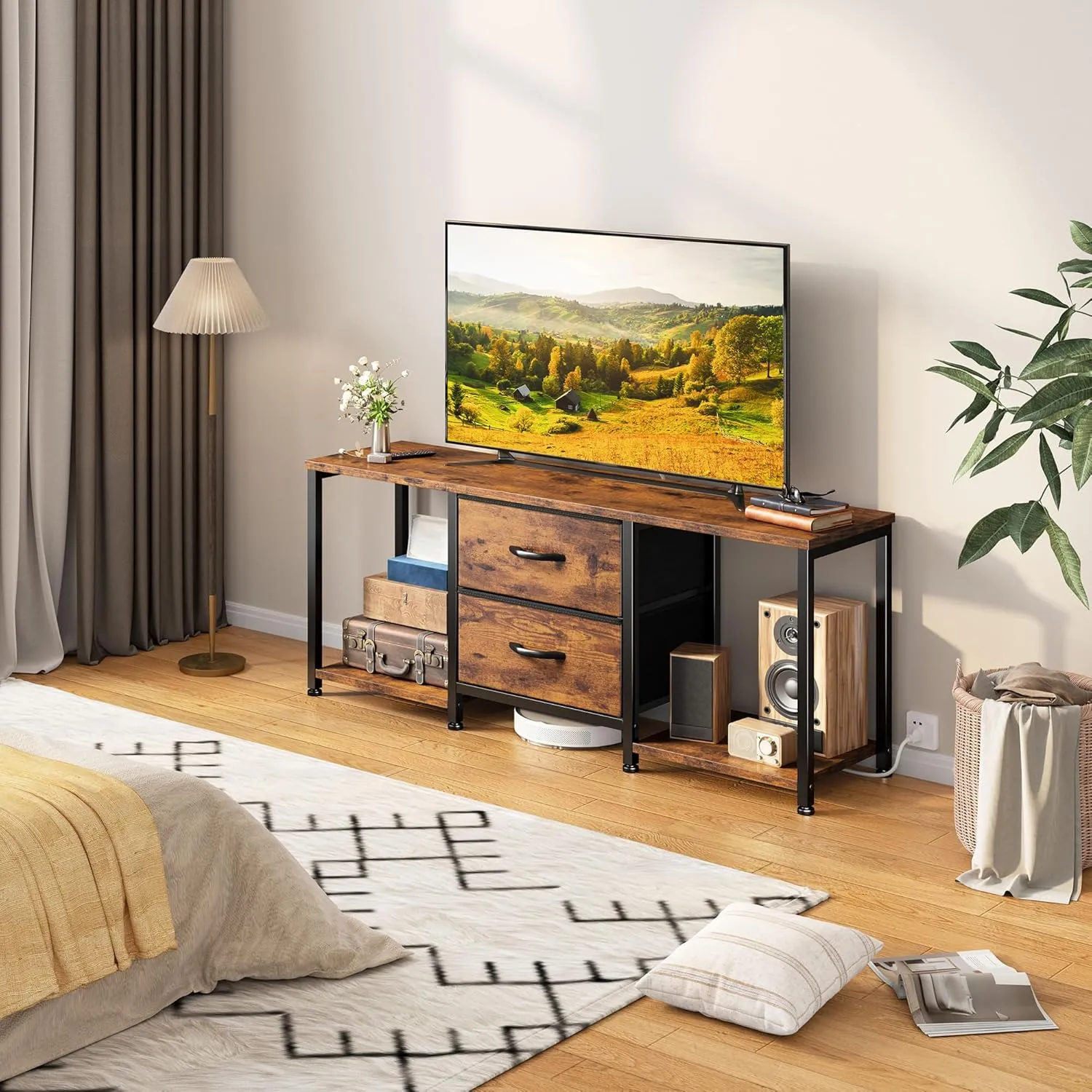 TV Stand with LED Lights for TVs up to 55 Inch, with Two Fabric Drawers and Open Storage Shelves, Entertainment Center, Television Stands for Living Room, Bedroom, Wood Top, Metal Frame, Rustic Brown