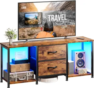 TV Stand with LED Lights for TVs up to 55 Inch, with Two Fabric Drawers and Open Storage Shelves, Entertainment Center, Television Stands for Living Room, Bedroom, Wood Top, Metal Frame, Rustic Brown